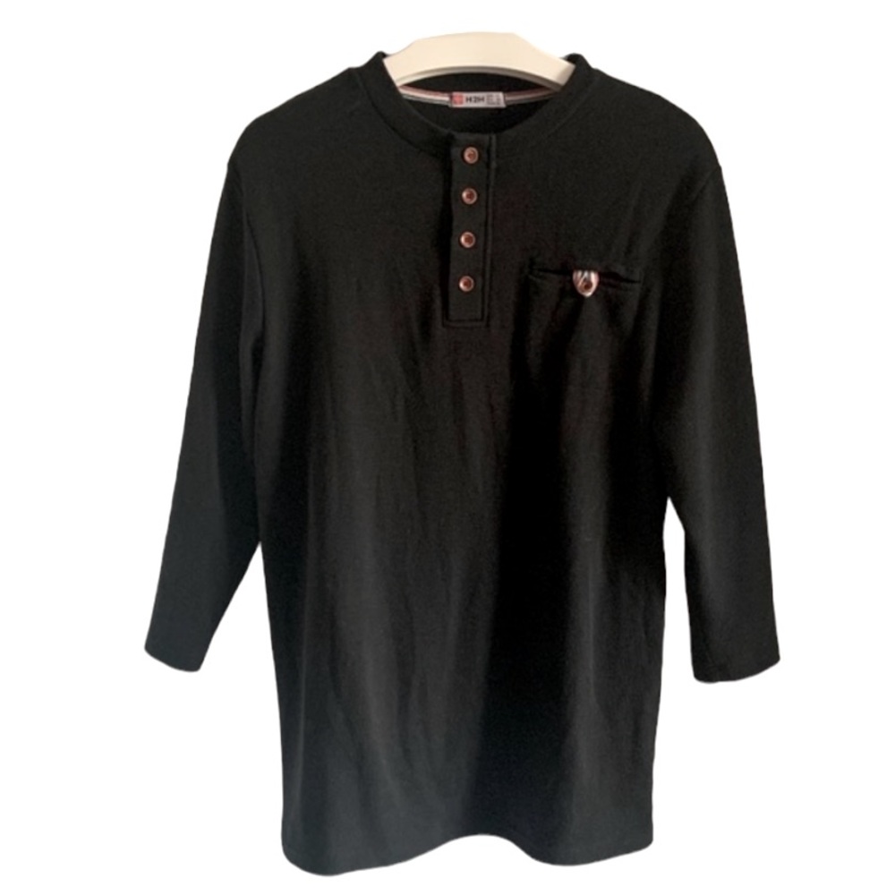 H2H Henley Button Up 3/4 Sleeve Shirt Black Large Vacation Travel Pool Party